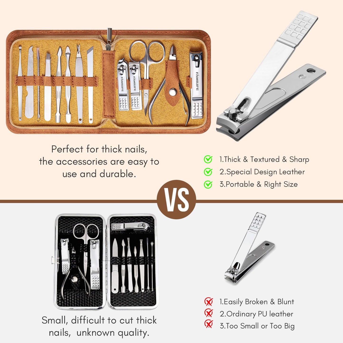 FAMILIFE Manicure Set, Nail Professional Kit Manicure Kits Nail Clipper Sets, 13PCS Stainless Steel Pedicure Sets Mens Grooming Tool, with Brown Beauty & Personal Care FAMILIFE