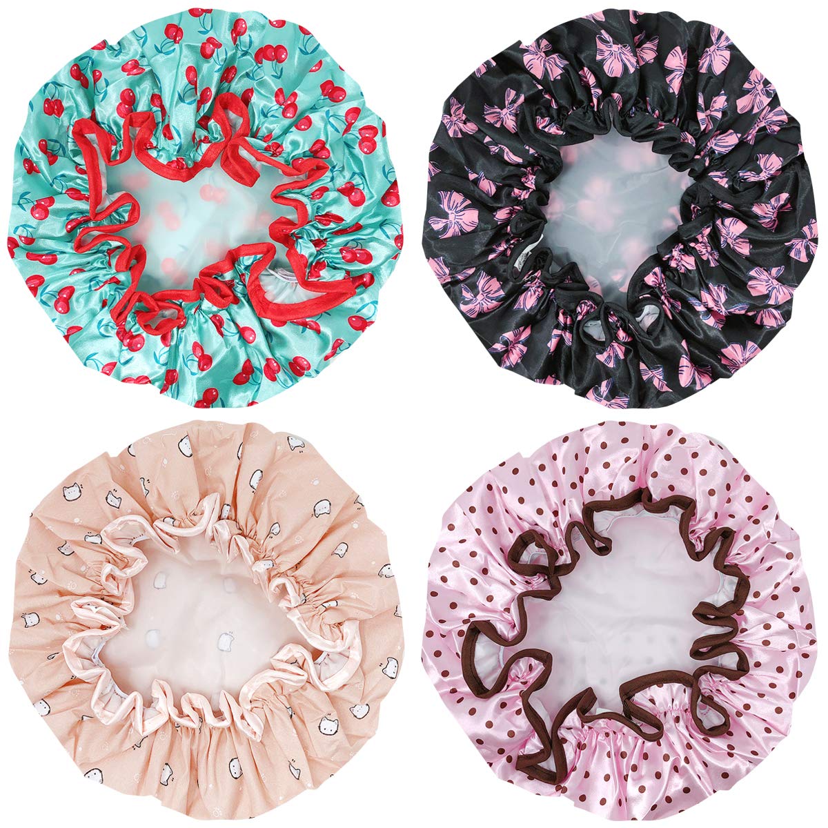 Wrapables® Stylish Double Layer Waterproof Shower Caps (Set of 4), Dots, Cherries & Kitties Beauty and Personal Care Wrapables