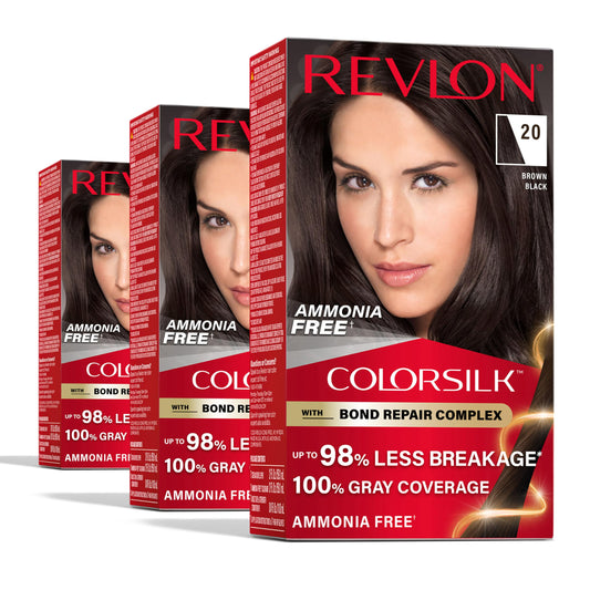 Revlon ColorSilk with Bond Repair Complex, Black Permanent Hair Color, 100% Gray Coverage, Ammonia Free Hair Dye, Vegan Keratin, 20 Brown Black (Pack Beauty & Personal Care REVLON