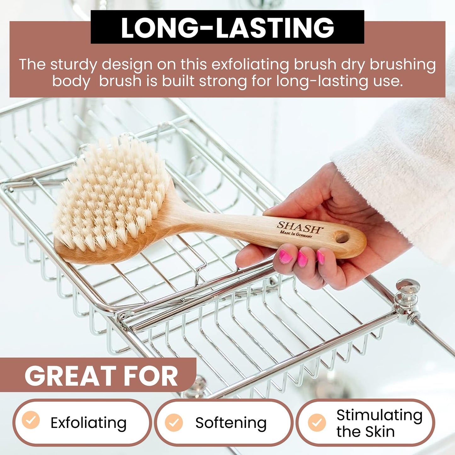 SHASH Since 1869 Hand Made in Germany - Smooth 100% Boar Bristle Body Brush, Gently Exfoliates Skin for a Softer, Smoother Complexion, Dry Brush Body Beauty & Personal Care SHASH