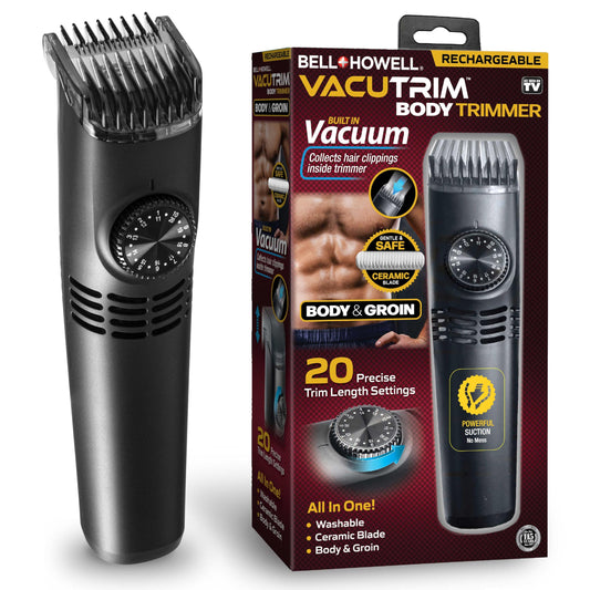 Vacutrim Cordless Body Shaver for Men, Rechargeable Grooming Tool with 20 Trim Settings, Integrated Vacuum System - Black, 7.5", As Seen On TV Beauty and Personal Care Bell+Howell