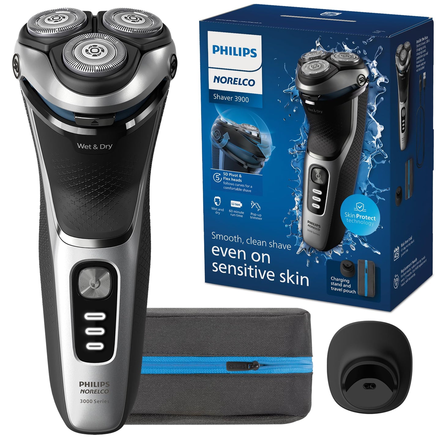 Philips Norelco Shaver 3900 Series, Wet and Dry Electric Shaver, P-Cap, Travel Pouch, Charging Stand, Storm Blue, Model S3341/92 Beauty & Personal Care Norelco