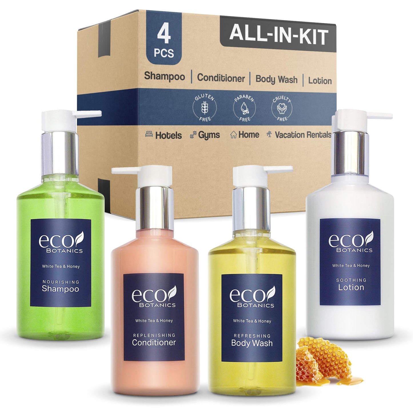 Eco Botanics Hotel Amenities Set | 10.14oz Pump Bottles | Shampoo, Conditioner, Hand & Body Wash, and Lotion | Set of 4 Beauty & Personal Care Terra Pure