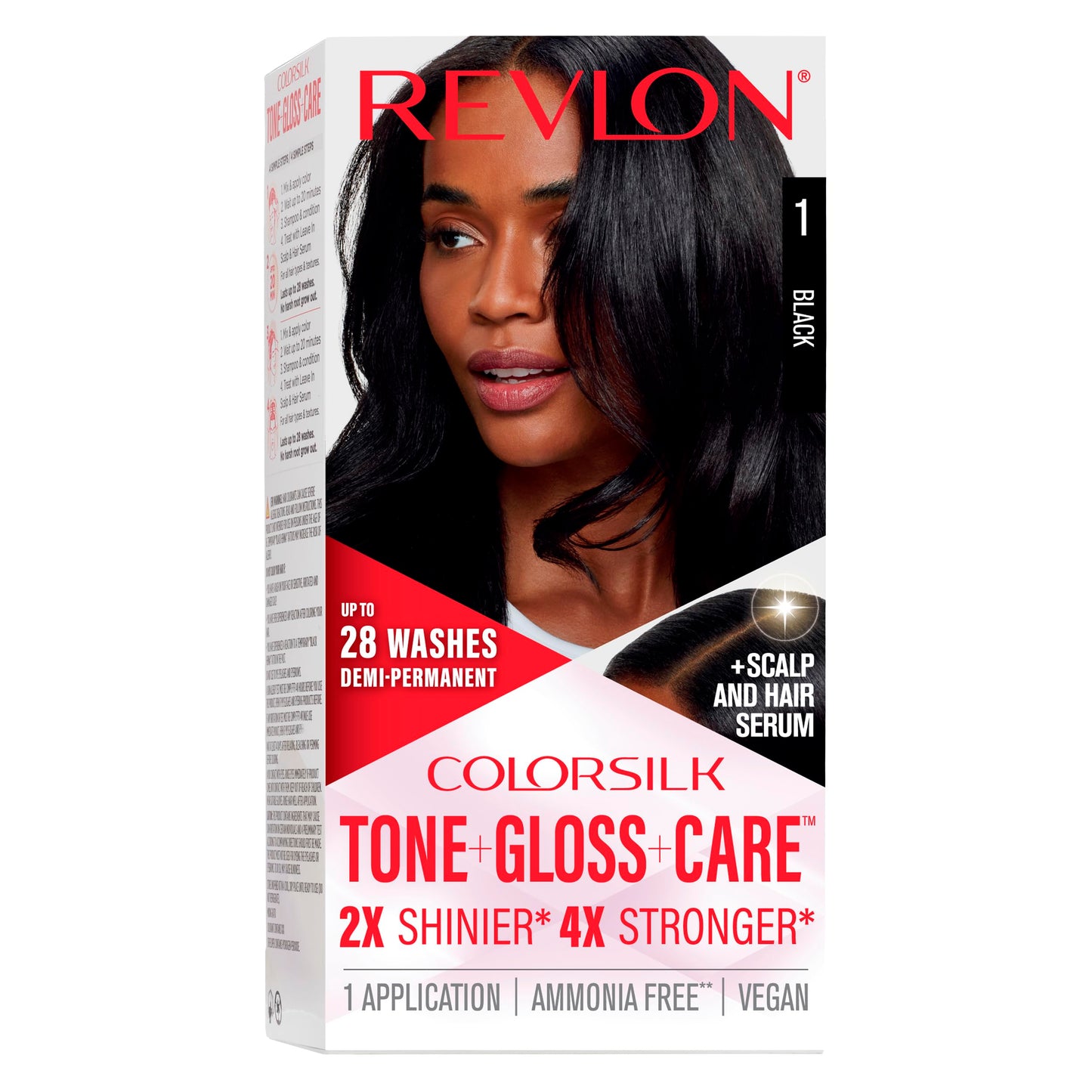 Revlon ColorSilk Tone + Gloss + Care Demi Permanent Hair Color, Dye Kit with Leave-In Scalp and Haircare Serum, 2x Shinier, 4x Stronger, 1 Black, 4.5 Beauty & Personal Care REVLON