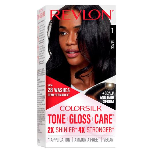 Revlon ColorSilk Tone + Gloss + Care Demi Permanent Hair Color, Dye Kit with Leave-In Scalp and Haircare Serum, 2x Shinier, 4x Stronger, 1 Black, 4.5 Beauty & Personal Care REVLON
