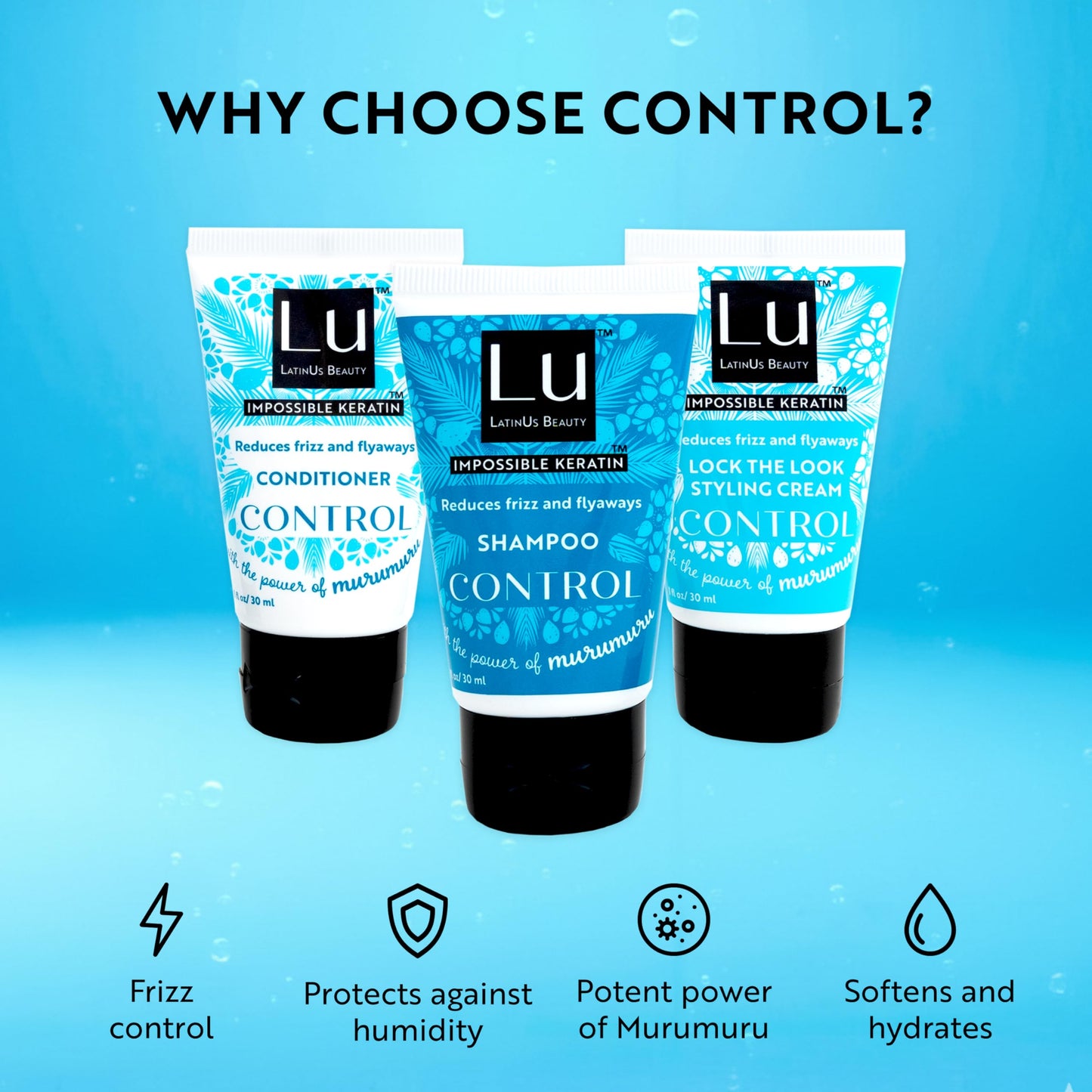 Lu by LatinUs Beauty Control Travel Size Collection | Anti Frizz Shampoo, Conditioner & Styling Cream with Impossible Keratin™, Murumuru Butter | 3 Oz Beauty & Personal Care LATINUS