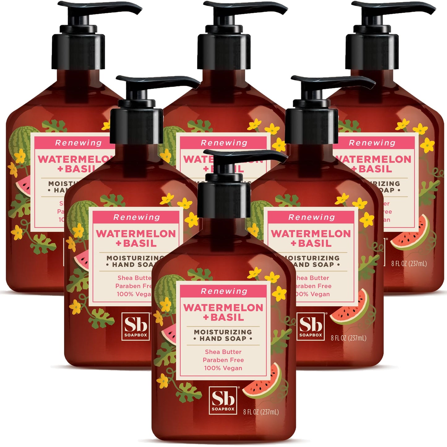 Soapbox Hand Soap Watermelon + Basil Hand Soap for Bathroom & Kitchen with Pump Dispenser, (6 Pack, 8 oz Each) Beauty & Personal Care Soapbox