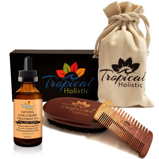 Tropical Holistic Natural Beard Grooming Kit for Men, 3-in-1 Set, Boar Bristle Brush, Handmade Wood Comb, 100% Pure Unscented Hair Treatment Oil 2 oz Beauty and Personal Care Tropical Holistic