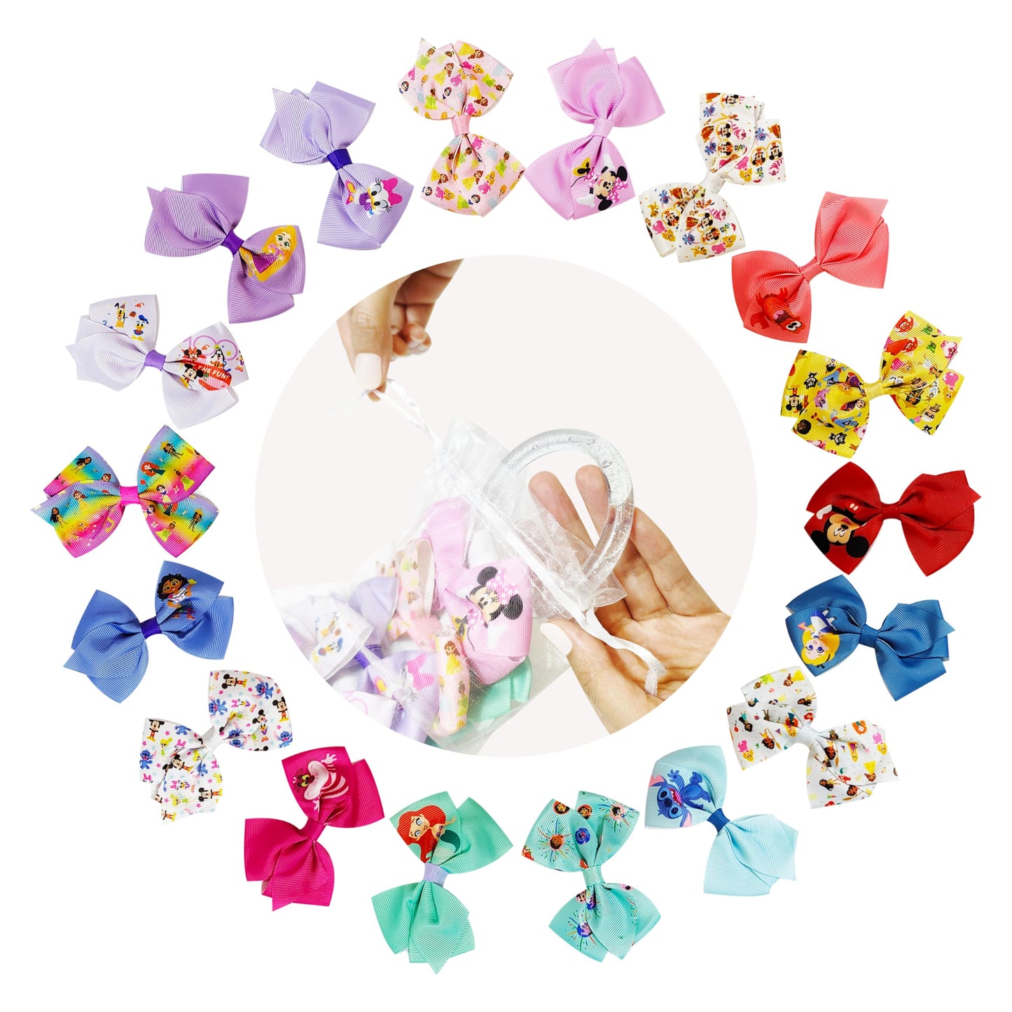 Disney 100th Anniversary Special Hair Accessory for Girls|18pc Disney Hair Bow Clips Featuring Favorite Characters with a String Bag Bow Holder Beauty & Personal Care LUV HER