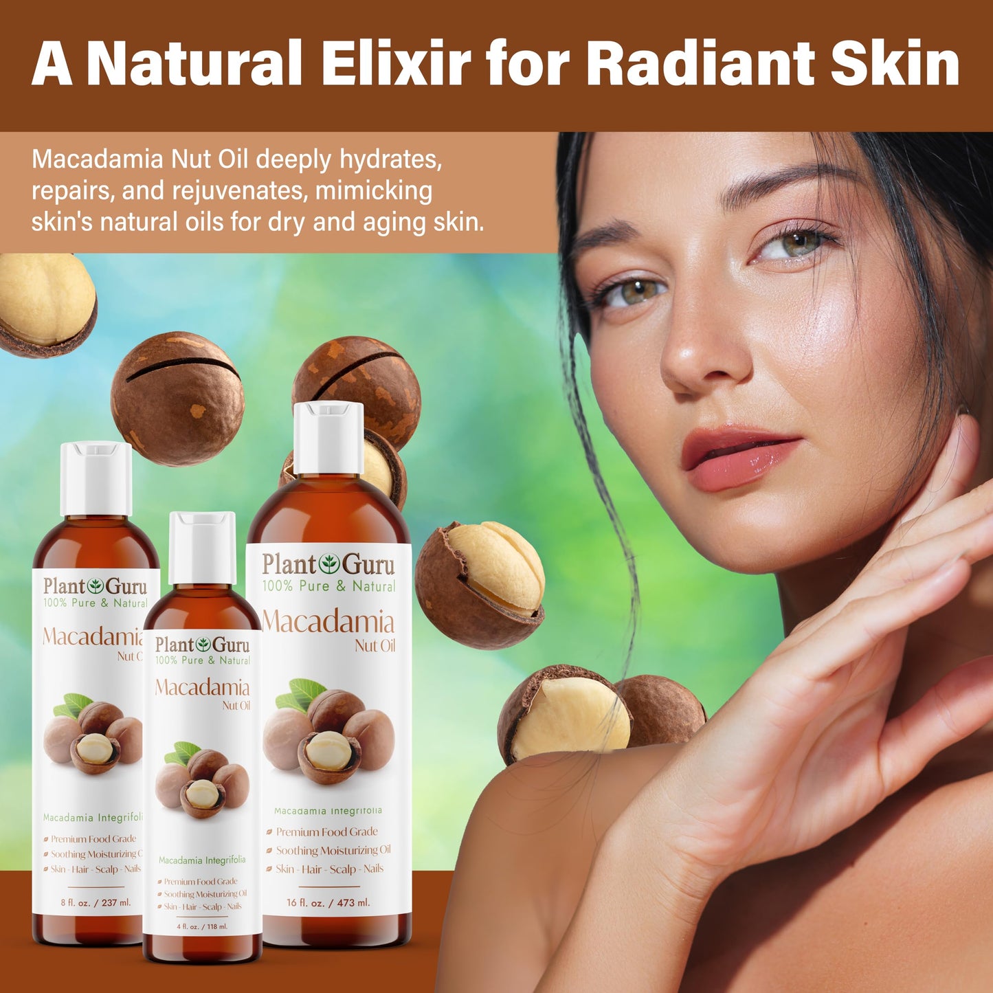Plant Guru Macadamia Nut Oil 8 fl. oz. Cold Pressed 100% Pure Natural Carrier - Skin, Face, Body, and Hair Moisturizer. Ideal for DIY Creams, Lotions Beauty & Personal Care Plant Guru