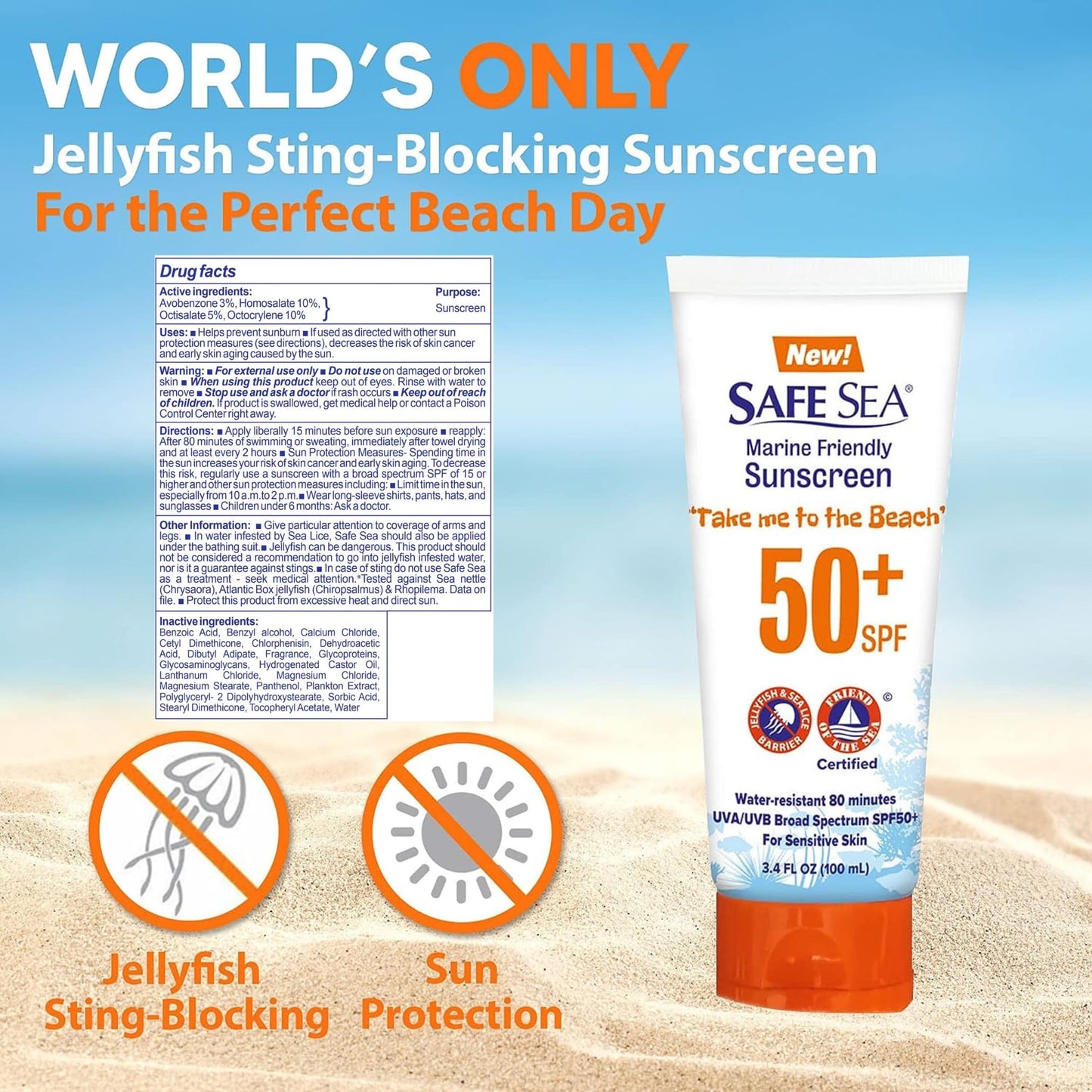 SAFE SEA Jellyfish Sting-Blocking Sunscreen, SPF 50+ travel Size Lotion, Waterproof, Biodegradable, Coral Reef-Safe, Body and Face Sunscreen Beauty & Personal Care SAFE SEA