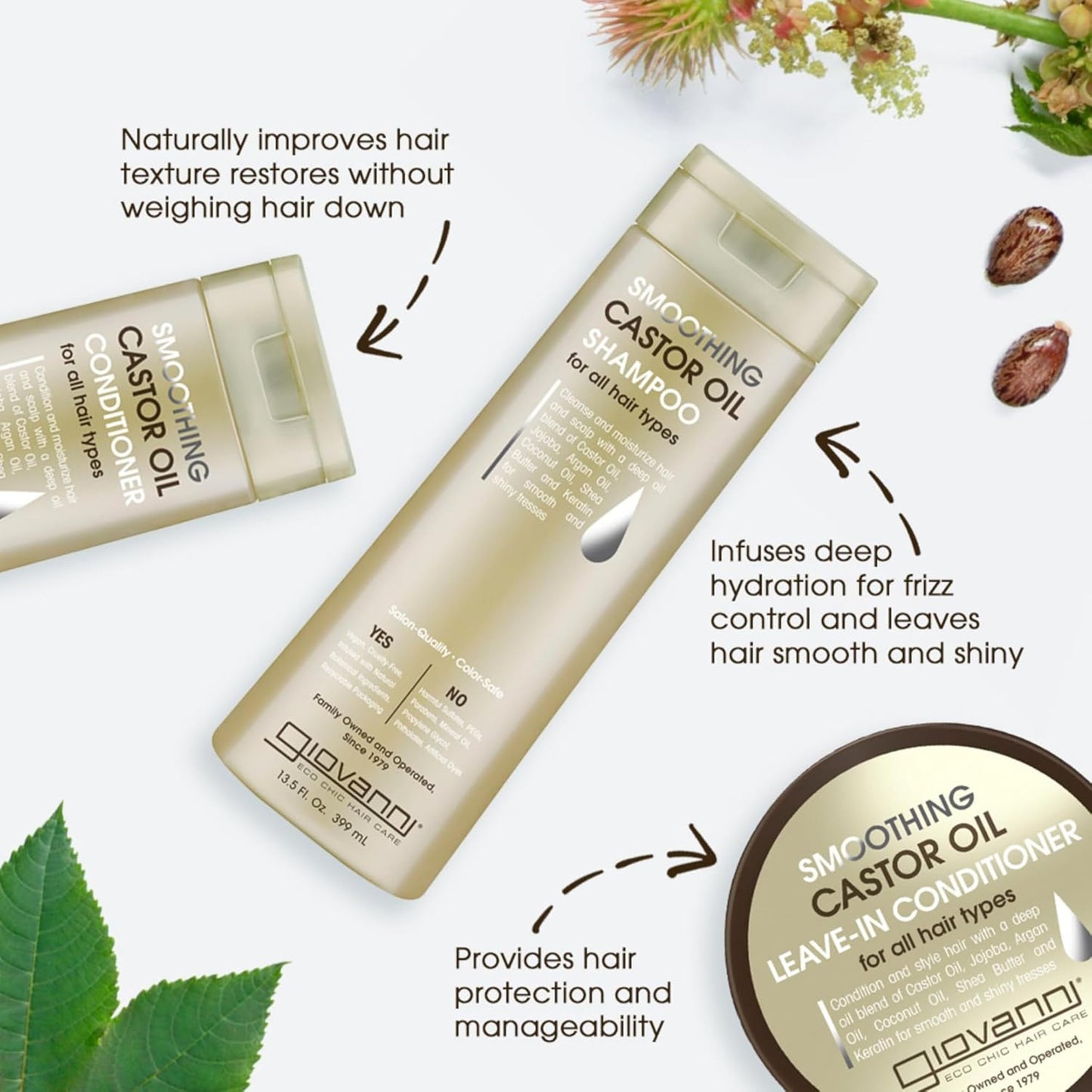 GIOVANNI Castor Oil Trio - Shampoo, Conditioner, & Castor Oil, All Hair Types, Moisturize Hair & Scalp, Hydrate & Tame Frizz, Jojoba, Argan Oil Beauty & Personal Care GIOVANNI