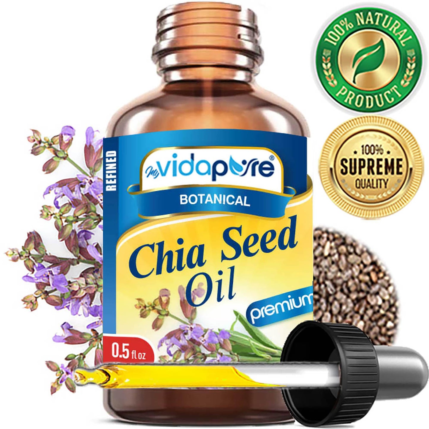 MYVIDAPURE CHIA SEED OIL Pure Natural Undiluted Refined Cold Pressed Carrier Oil for Skin, Face, Hair, Lip and Nail Care Anti-Aging (0.5 Fl Oz) Beauty & Personal Care MYVIDAPURE
