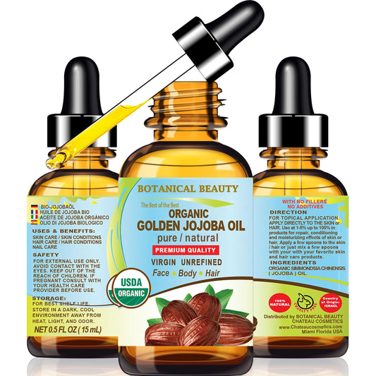 Botanical Beauty Organic JOJOBA OIL 100% Pure Natural VIRGIN UNREFINED Cold-Pressed Carrier Oil 0.5 Fl oz 15 ml for Face, Skin, Body, Hair, Lip Beauty & Personal Care Botanical Beauty