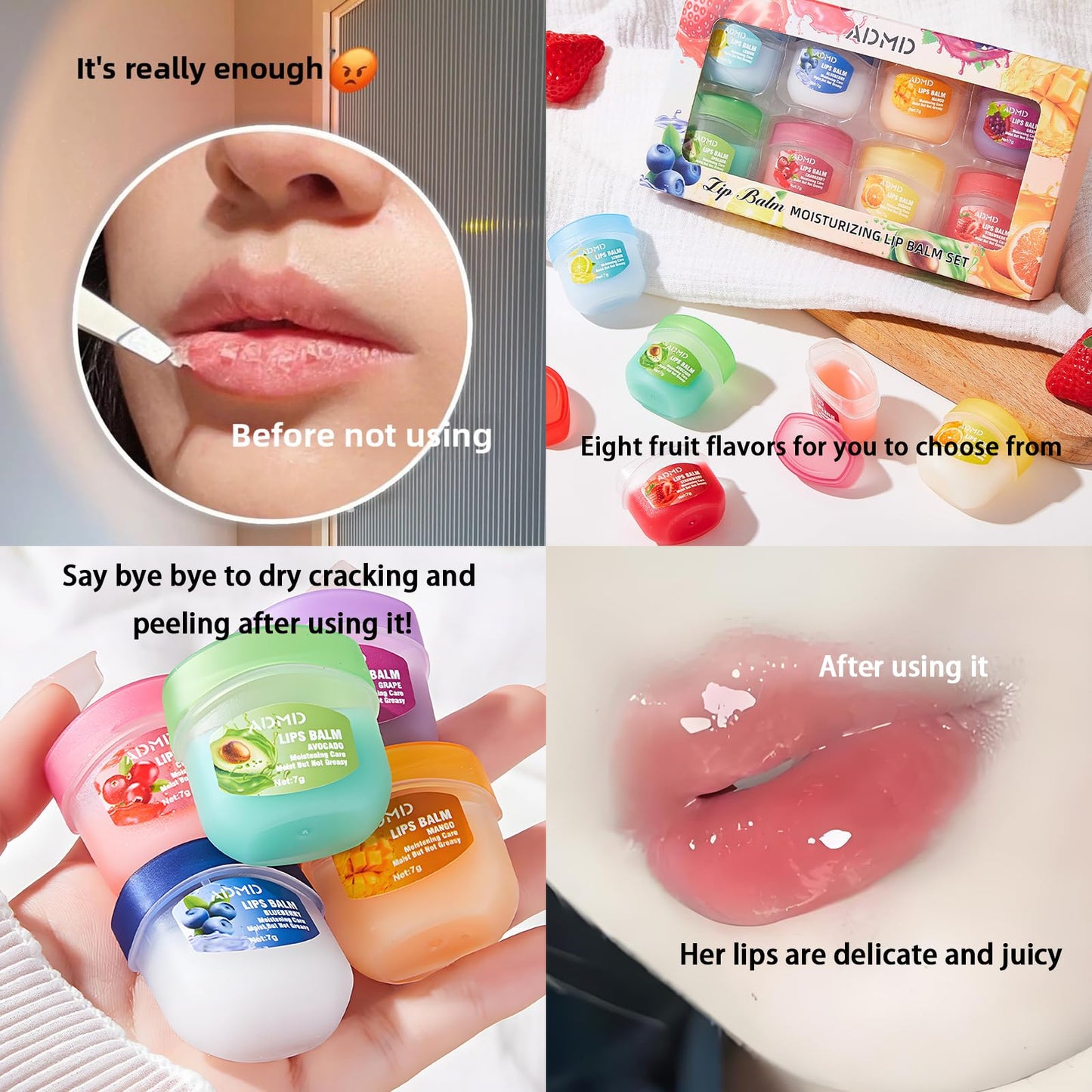 Lip Balm Lip Moisturizing Set 8 kinds of fruit flavor lip mask,4-in-1 lip care is suitable for dry peeling, dark sunken, reducing lip lines Beauty and Personal Care Break The Waves