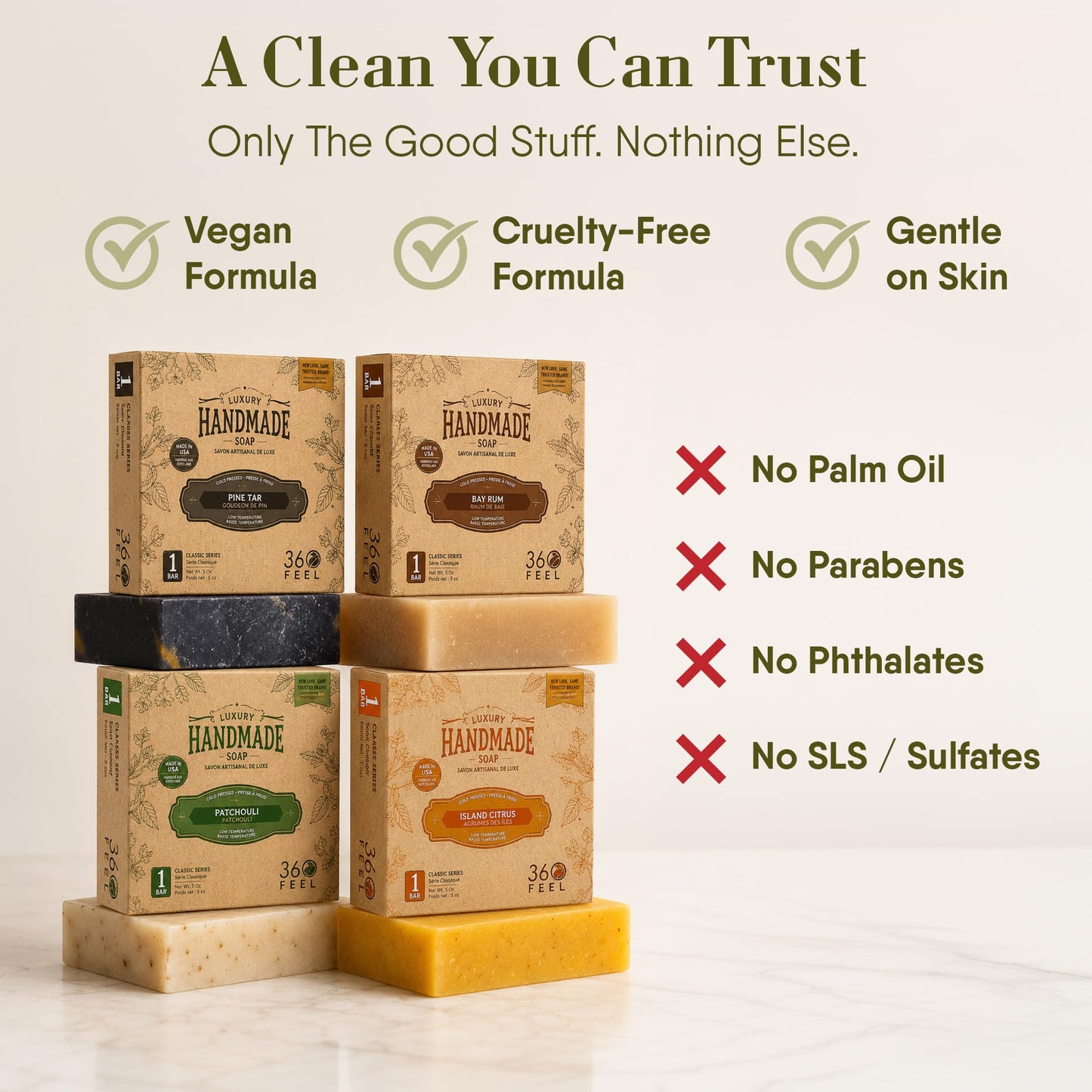 360Feel Mens Bar Soap - Made in the USA - Castile Handmade All Natural Cold Processed - Includes 4 Bold Masculine Scents: Bay Rum, Pine Tar Black Soap Beauty & Personal Care 360Feel