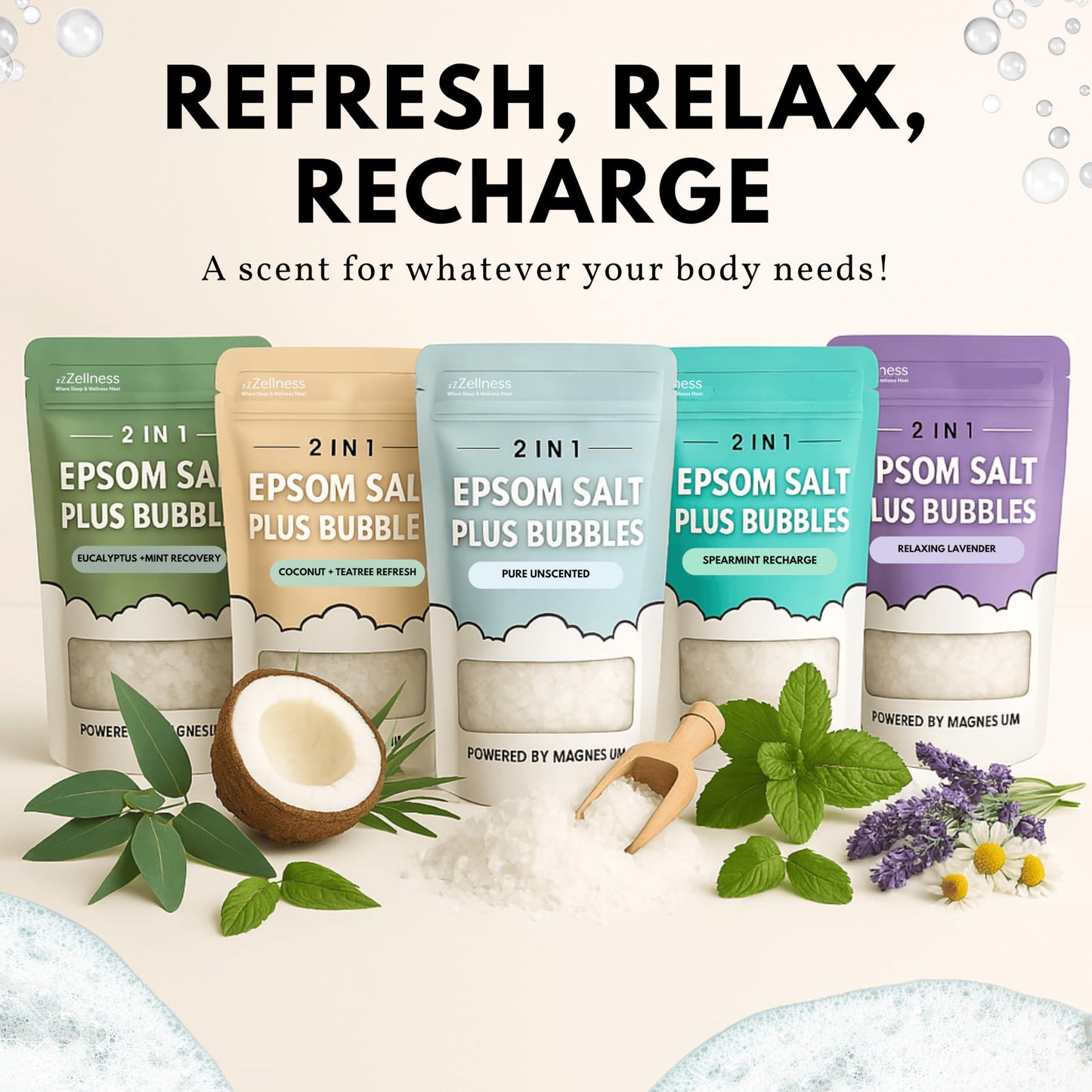 ZZZELLNESS Epsom Salt Plus Bubbles - Pure Unscented Foaming Bath Soak - Magnesium Sulfate for Muscle Recovery, Stress Relief & Relaxation - Great Beauty and Personal Care ZZZELLNESS