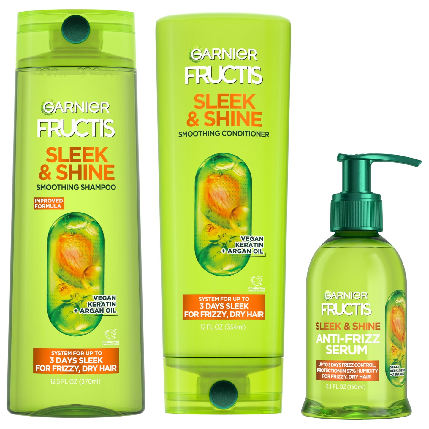 Garnier Fructis Sleek & Shine Shampoo, Conditioner + Anti-Frizz Serum Set for Frizzy, Dry Hair, Argan Oil (3 Items), 1 Kit (Packaging May Vary) Beauty & Personal Care Garnier