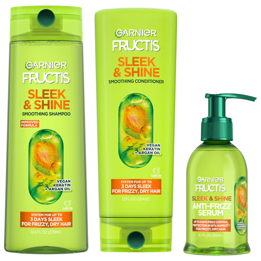 Garnier Fructis Sleek & Shine Shampoo and Conditioner Set with Anti-Frizz Serum for Frizzy Hair, Up to 72H of Frizz Control, Smooths Flyaways & Boosts