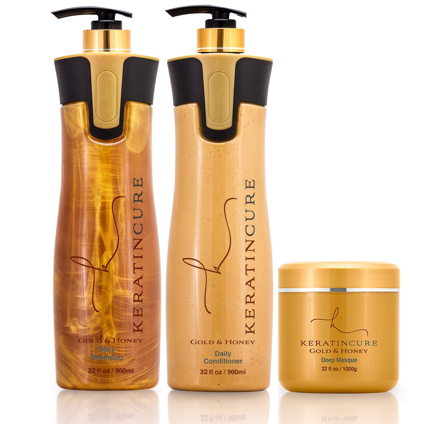 Keratin Cure Gold & Honey 3 Piece Hair Care Sulfate Free Shampoo, Conditioner & Deep Masque Soft Repair Moisturize 960ml / 1000gr Beauty & Personal Care Keratin Cure