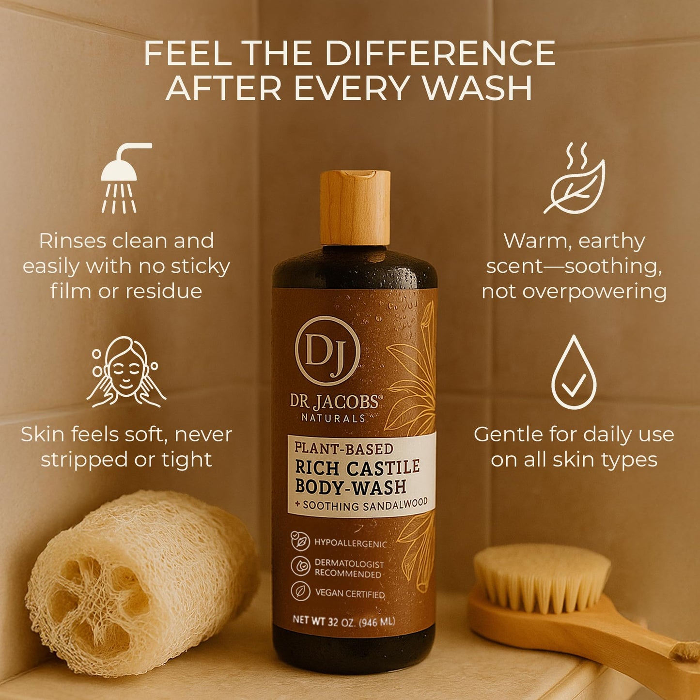 Dr. Jacobs Naturals Castile Sandalwood All-Natural Body Wash for Moisturizing Dry and Sensitive Skin with Plant-Based Ingredients with Pump - 32 Ounce Beauty & Personal Care DR.JACOBS NATURALS