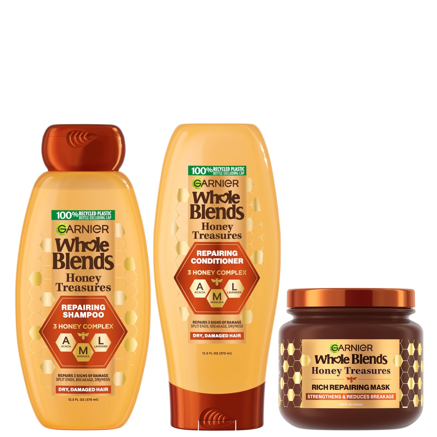 Garnier Whole Blends Honey Treasures Repairing Shampoo, Conditioner + Hair Mask Set for Dry, Damaged Hair (3 Items), 1 Kit (Packaging May Vary) Beauty & Personal Care Garnier