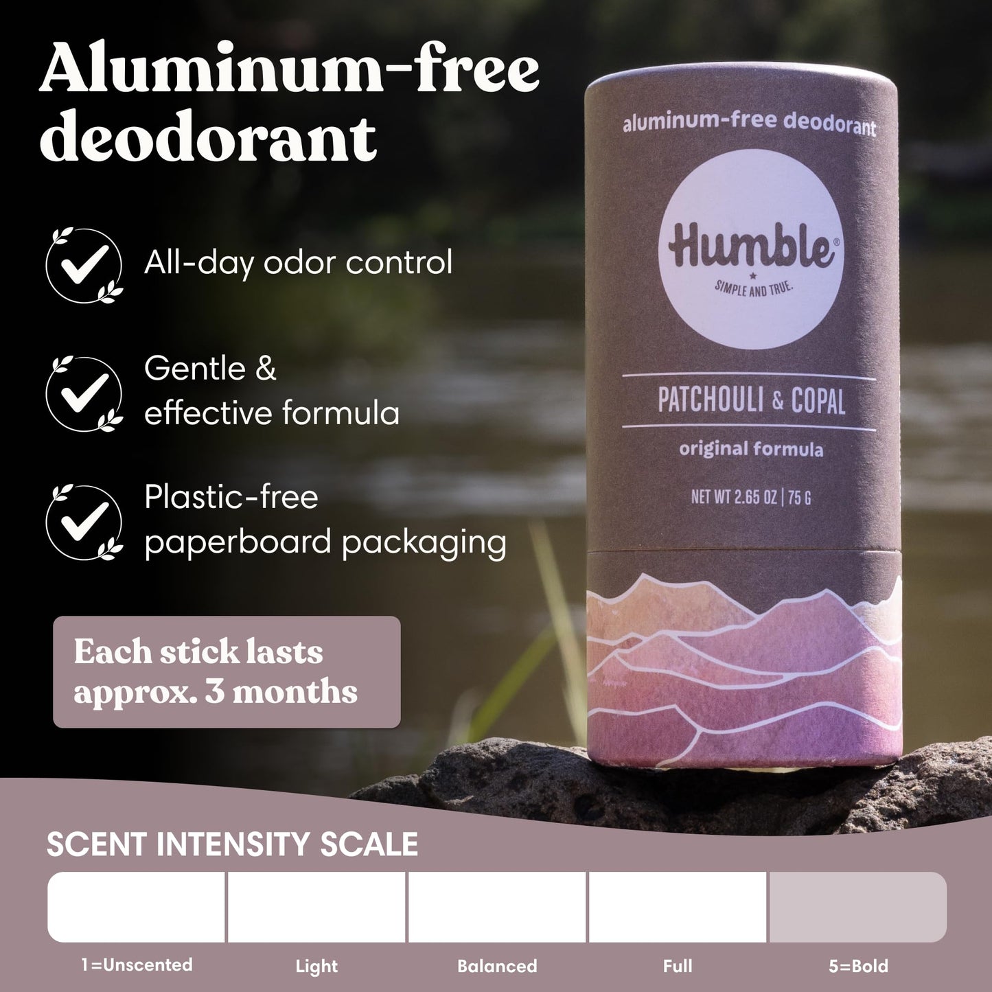 HUMBLE BRANDS Deodorant Stick, Patchouli & Copal - Aluminum-Free Deodorant for Women & Men with Baking Soda, Essential Oils & Beeswax - Underarm Beauty and Personal Care HUMBLE SIMPLE AND TRUE.