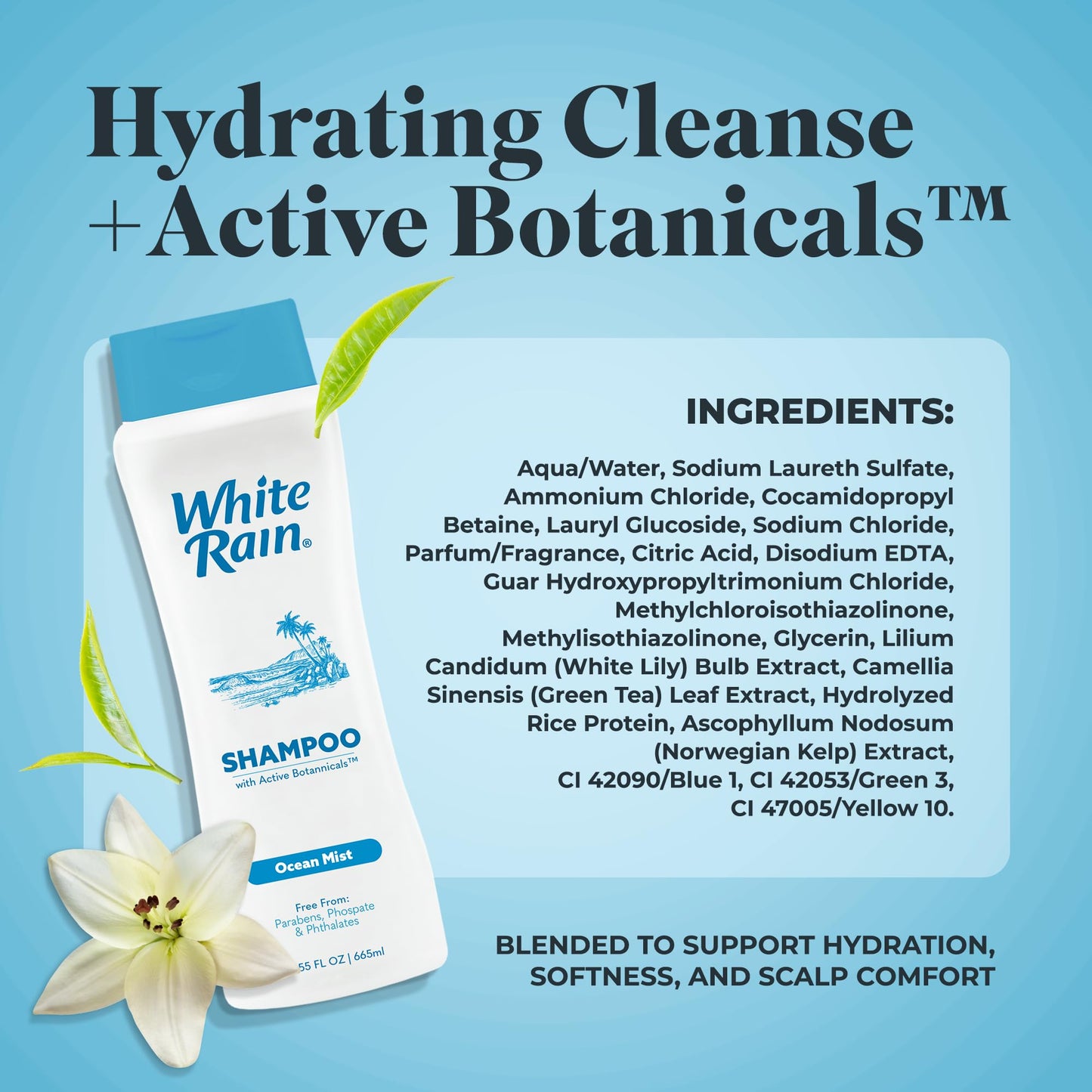 White Rain Moisturizing Shampoo - Ocean Mist Scent, 15 fl oz, Hydrating Shampoo for Men & Women, Paraben-Free & Cruelty-Free with White Lily, Green Beauty & Personal Care White Rain