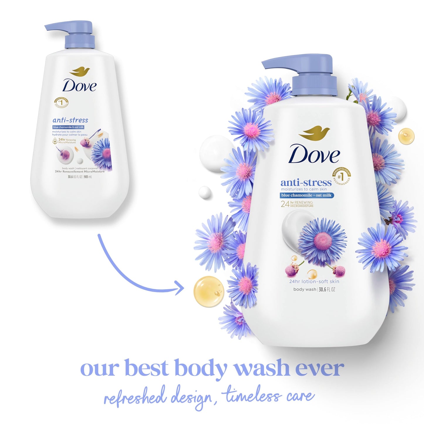 Dove Body Wash with Pump Anti-Stress Blue Chamomile & Oat Milk, for 24hr Lotion-Soft Skin Moisturizing Skin Cleanser with No Sulfates No Parabens 30.6 Beauty & Personal Care Dove