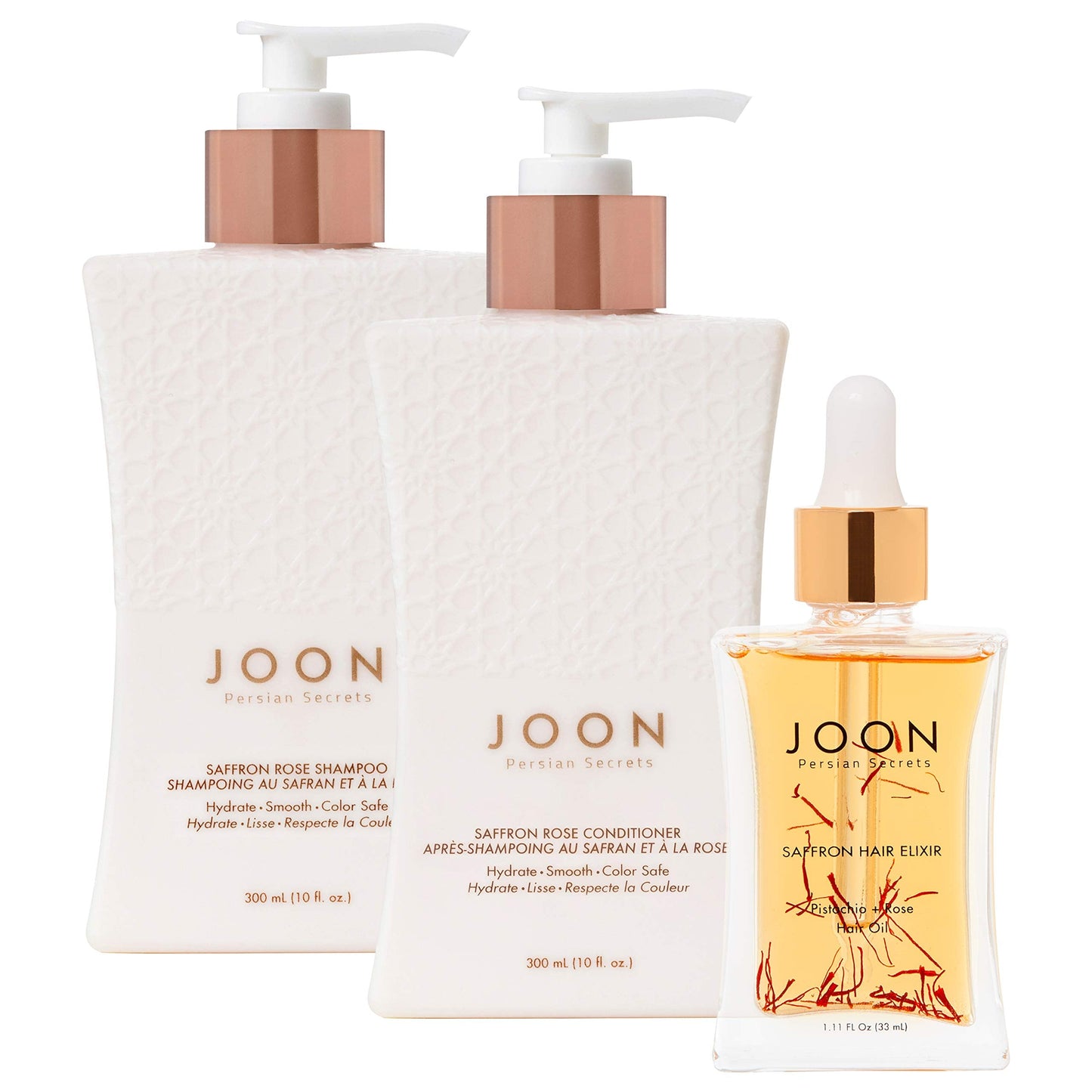 Joon Moisturizing Trio Set | 1.1oz Saffron Hair Elixir, 10.1oz Saffron Rose Shampoo and Conditioner Beauty & Personal Care Joon