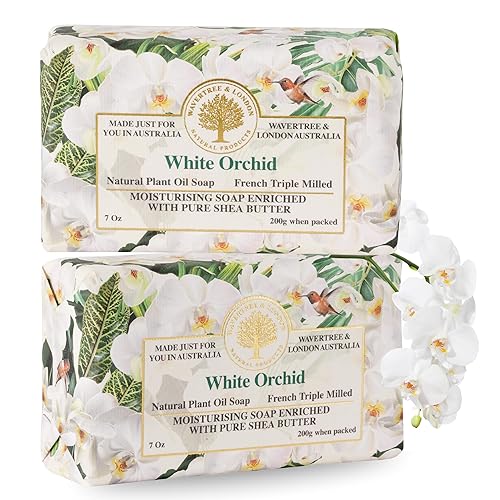 Wavertree & London White Orchid Scented Natural Soap (2 Bars), 7oz Moisturizing French Triple Milled Soap Bars enriched with shea butter - Pure Plant Beauty & Personal Care Wavertree & London