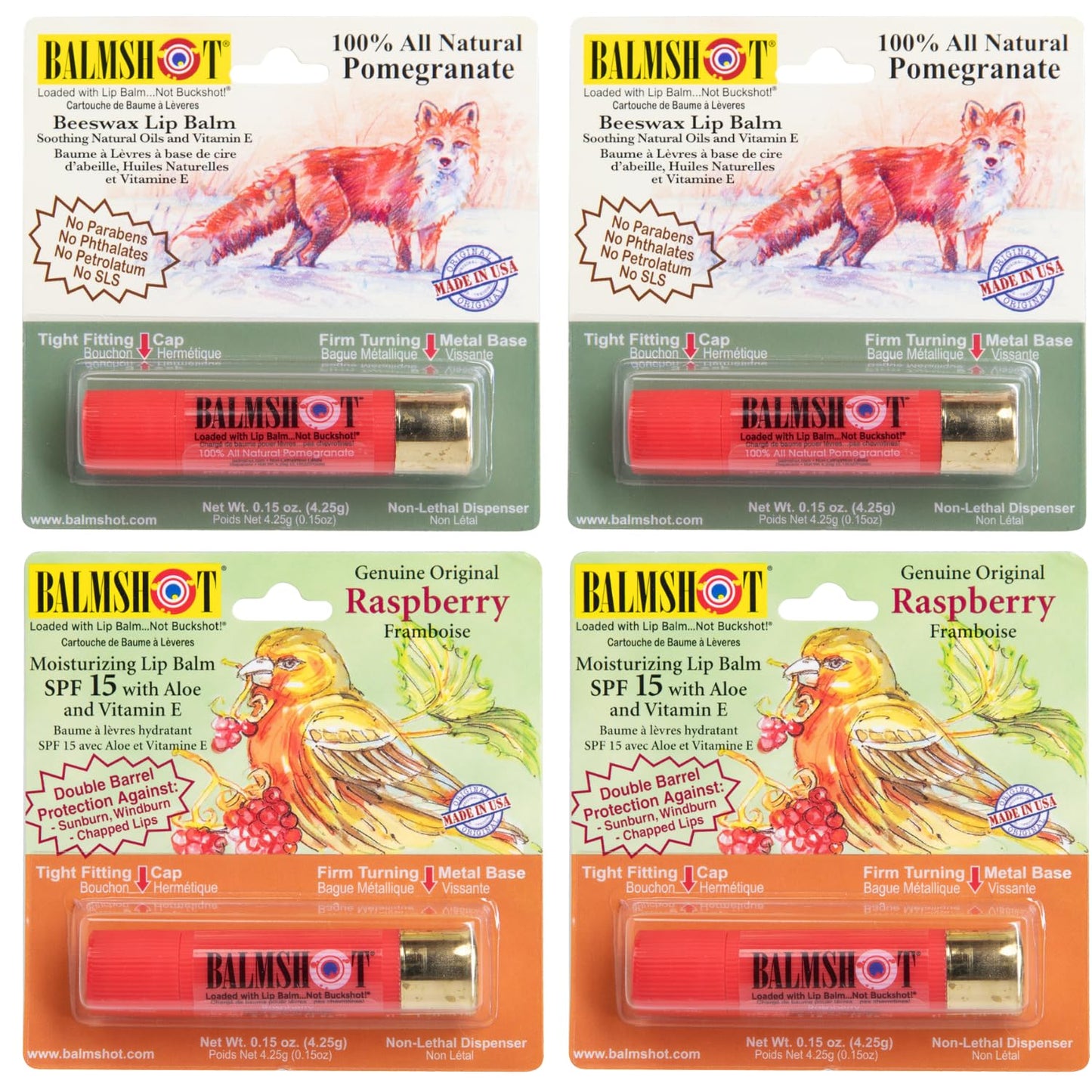 BALMSHOT Lip Balm 4-Pack - Fruit Combo Variety Pack - (2) Pomegranate & (2) Raspberry - SPF 15 Beeswax Formula - 20-Gauge Brass Shotgun Shell Tube Beauty & Personal Care Balmshot