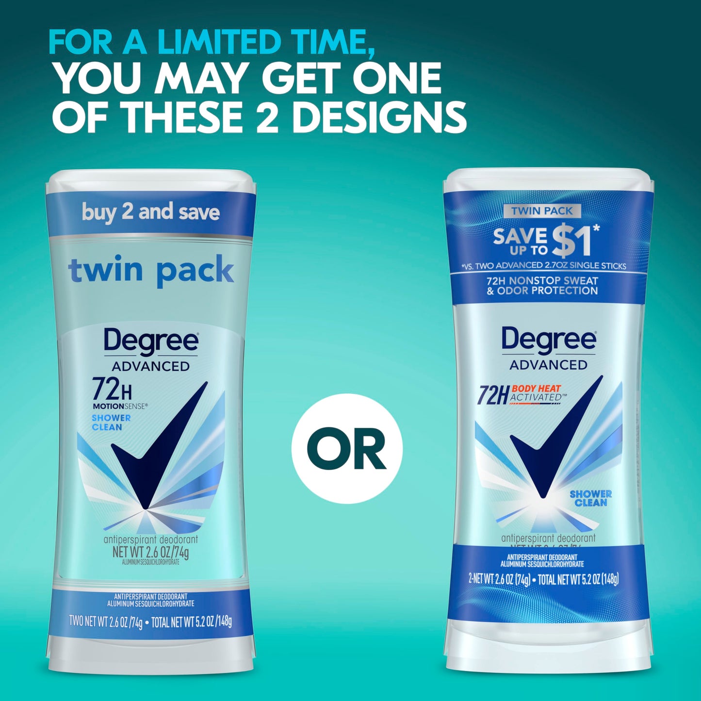 Degree Antiperspirant Deodorant Shower Clean Twin Pack 72-Hour Sweat & Odor Protection Antiperspirant for Women with Body Heat Activated Technology Beauty and Personal Care Degree