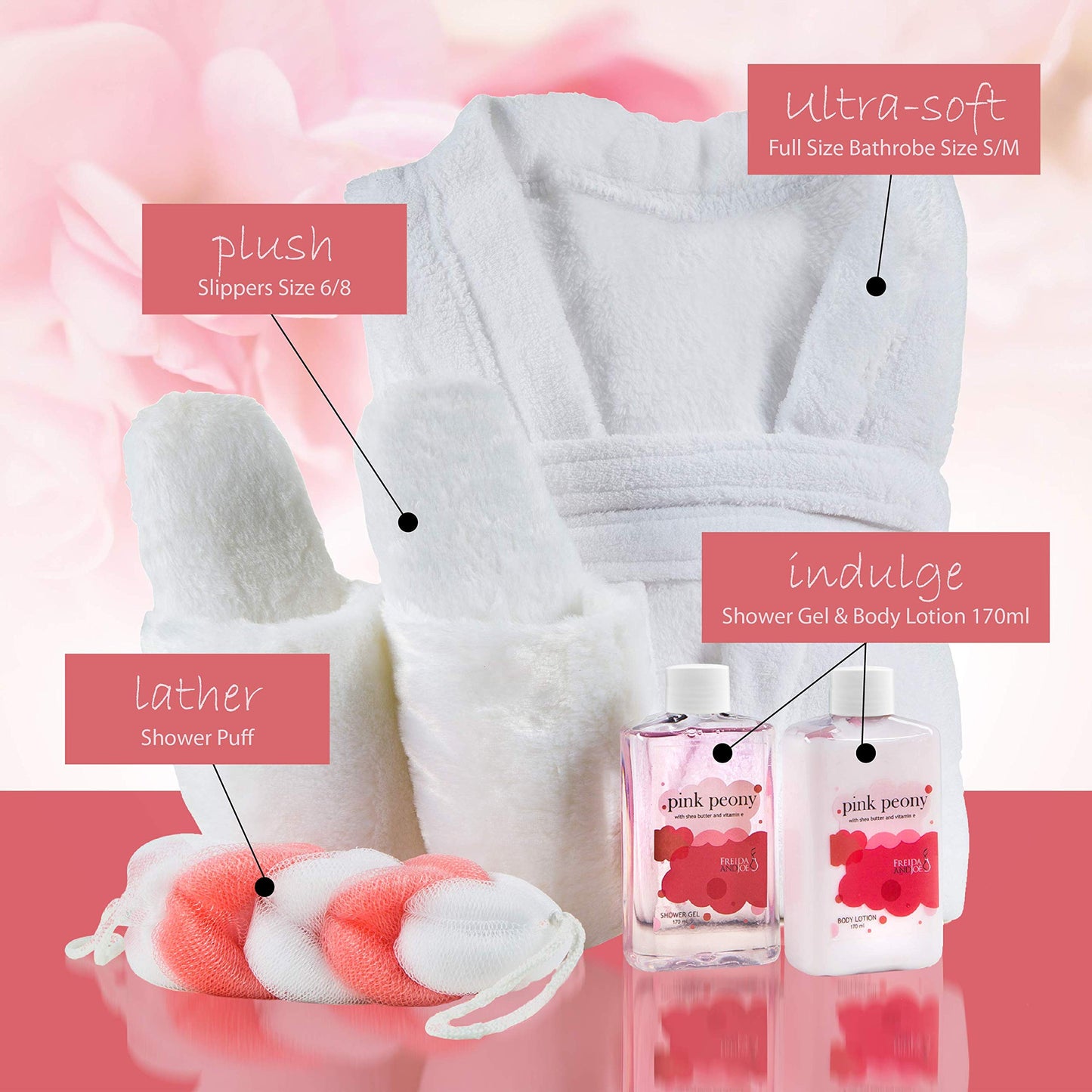 Luxury Home Spa Gift Basket with Pink Peony Scent - Indulgent Ultra Soft Bathrobe & Plush Slipper Spa Box for Women - Complete Bath & Body Set Luxury Beauty & Personal Care Freida and Joe