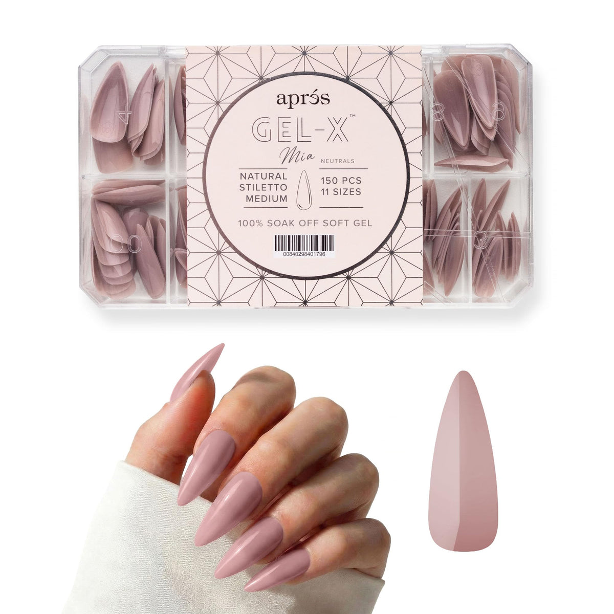 Apres Neutrals Gel-X Mia Box Of Press On Nails, 11 Sizes 00-9, Soft Gel Nail Tip Box (150pcs) (Natural Stiletto Medium, 150pcs)