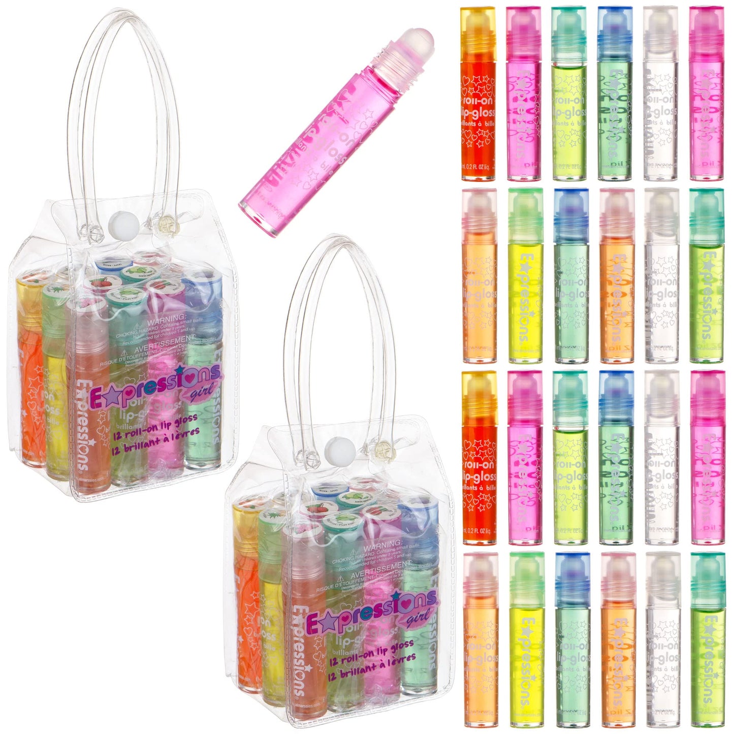 Expressions girl 24pc Roll On Lip Gloss Set with Carrying Case, Glossy Lip Make-up for Kids and Teens - Fruity Flavors, Non Toxic, Kid Friendly, Party Beauty & Personal Care Expressions girl