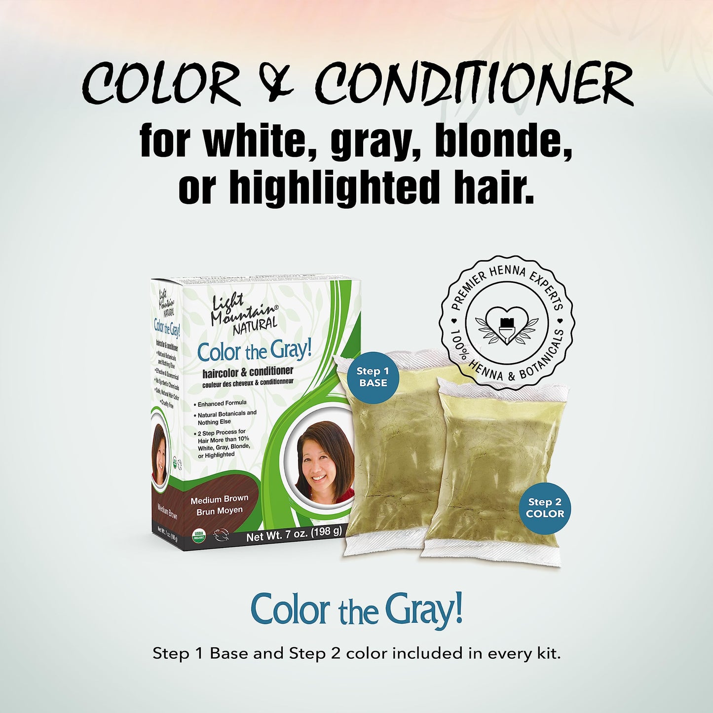 Light Mountain Henna Hair Color & Conditioner, Color the Gray - Medium Brown Hair Dye for Men/Women, 2-Step Chemical-Free, Semi-Permanent Hair Color Beauty & Personal Care LIGHT MOUNTAIN