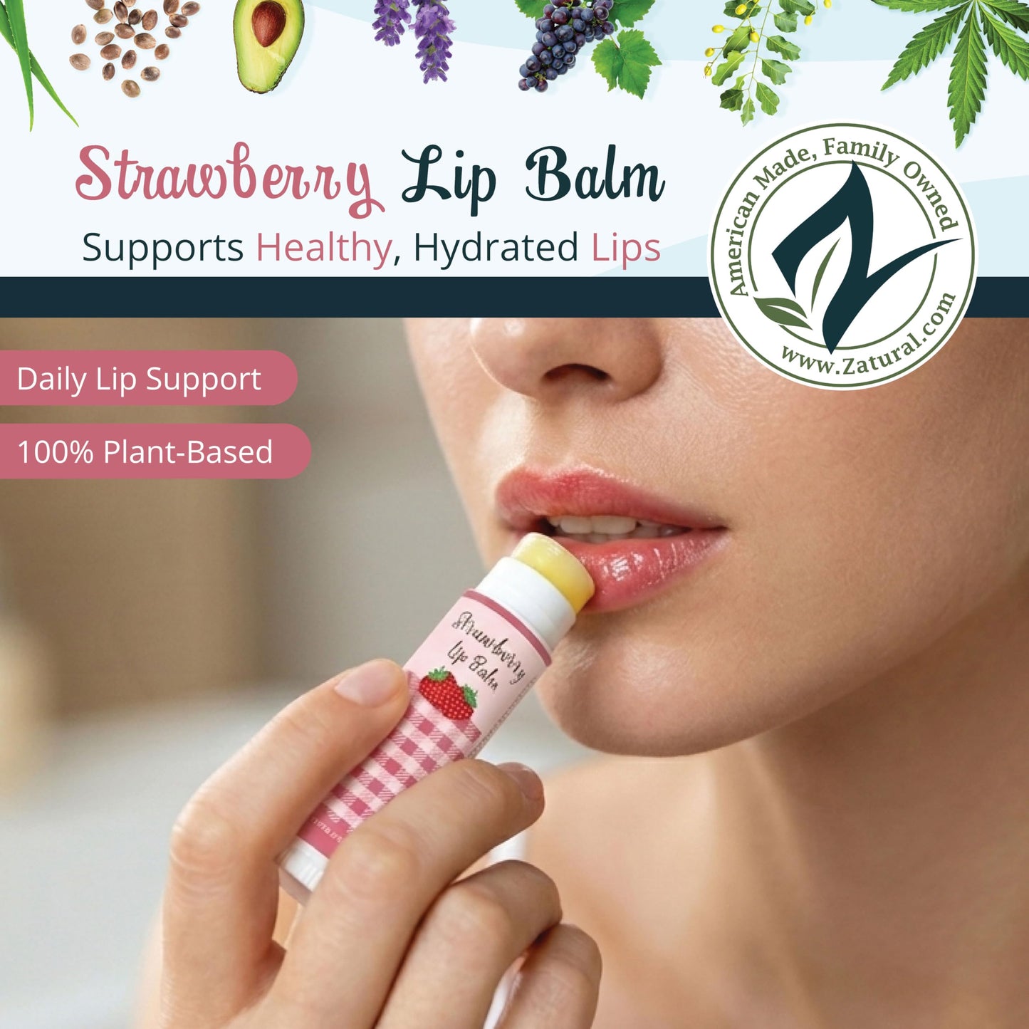 Zatural Strawberry Lip Balm with Shea Butter, Jojoba Oil, Lysine Large 0.5oz - Plant-Based Moisture with Rosehip and Vitamin E - Travel Friendly Beauty and Personal Care Zatural