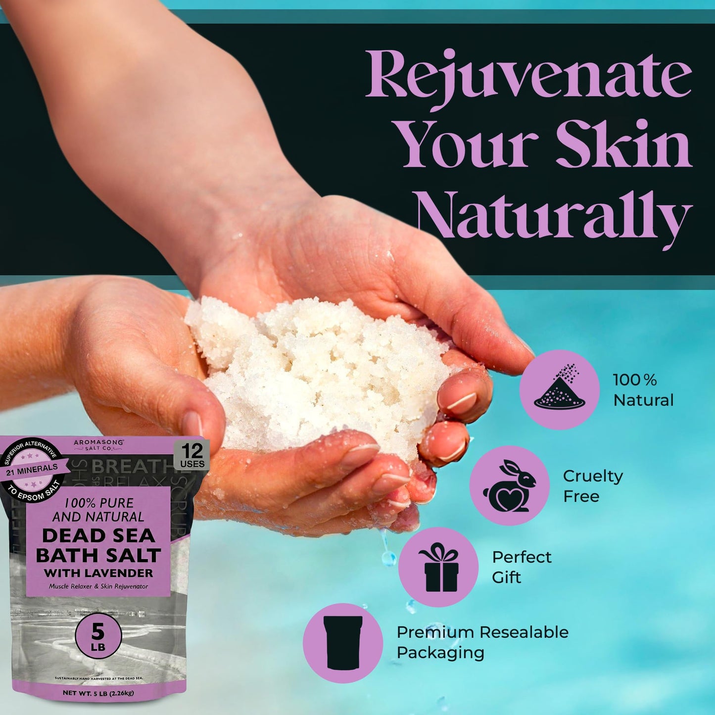Aromasong Pure Dead Sea Salt for Soaking with 100% Natural Lavender, 5 LB - Spa Bath Salt Fine Grain - Body Wash Scrub - Soak for Women & Men- Bulk Beauty and Personal Care Aromasong