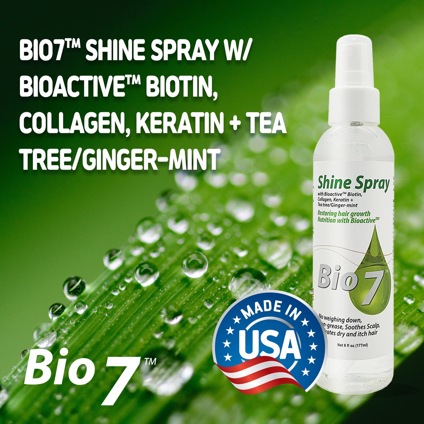 BIO7 SHINE SPRAY W/ BIOACTIVE BIOTIN, COLLAGEN, KERATIN + TEA TREE/GINGER-MINT - 6 Fl Oz - Leave Natural Hair, Wigs, and Weaves with a Glossy Shine Beauty & Personal Care By Natures
