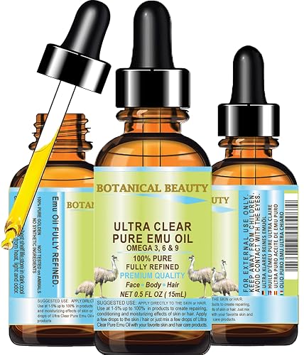 Botanical Beauty PURE EMU OIL ULTRA CLEAR 100% Natural REFINED for FACE, SKIN, BODY, HANDS, FEET, NAILS, HAIR, LIP CARE 0.5 Fl. oz. - 15 ml Beauty & Personal Care Botanical Beauty
