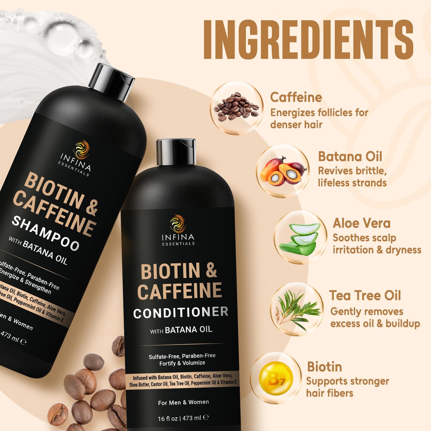 INFINA ESSENTIALS Caffeine Biotin Shampoo and Conditioner Set | Hair Thickening & Strengthening | 16 fl oz Each | with Batana Oil & Castor Oil | Beauty & Personal Care INFINA ESSENTIALS