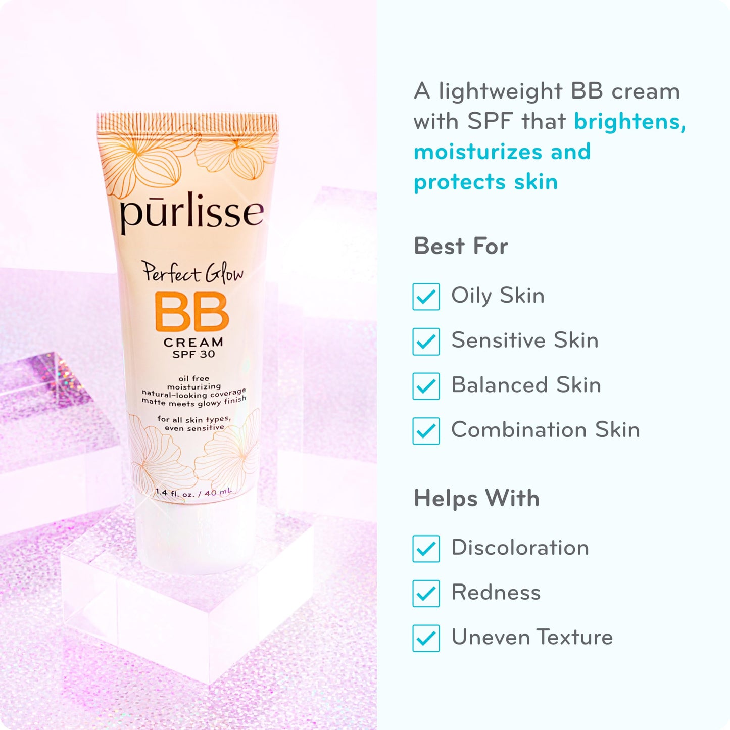 pūrlisse Perfect Glow BB Cream with SPF 30 - Matte Meets Dewy Finish - Enriched with Goji & Hawthorn Berry to Help Improve Skin Texture & Radiance Beauty & Personal Care pūrlisse