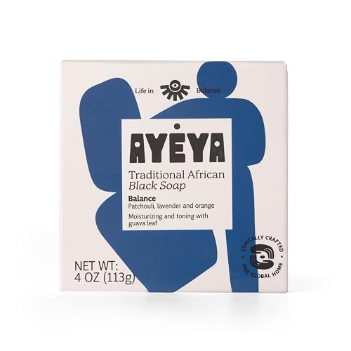 AYÉYA African Black Soap Bar, Patchouli, Lavender & Orange (Balance) - Exfoliating Bar Soap for Dry, Combination, Sensitive, Acne-Prone Skin, 4 O Beauty & Personal Care Ayeya