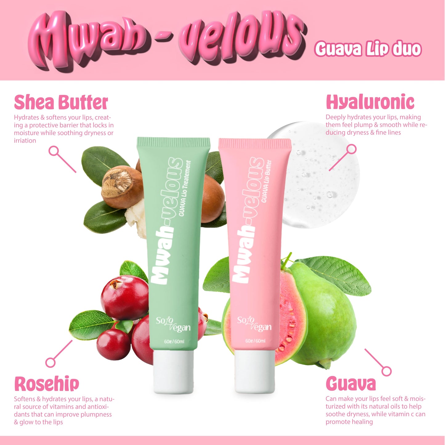 SoloVegan Mwah-velous Guava Lip Duo for Day & Night - Hydrating Lip Butter with Rosehip Oil, Guava & Nourishing Lip Treatment with Hyaluronic Acid Beauty and Personal Care SoloVegan