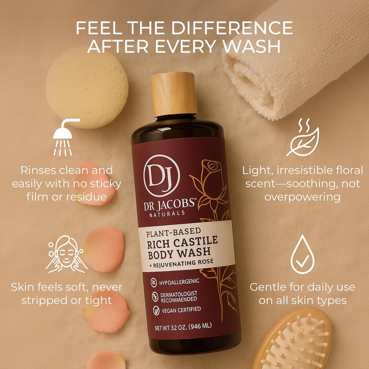 Dr. Jacobs Naturals Pure Castile Soap Liquid Body Wash, Rose - Plant Based Body Soap Infused with Vitamin E and Aloe Vera to Moisturize Dry Beauty & Personal Care DR.JACOBS NATURALS