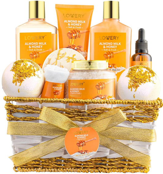 Gifts for Women Gift Basket for Women - 10 Pc Almond Milk & Honey Beauty & Personal Care Set - Home Bath Pampering Package for Relaxing - Spa Self Beauty and Personal Care LOVERY