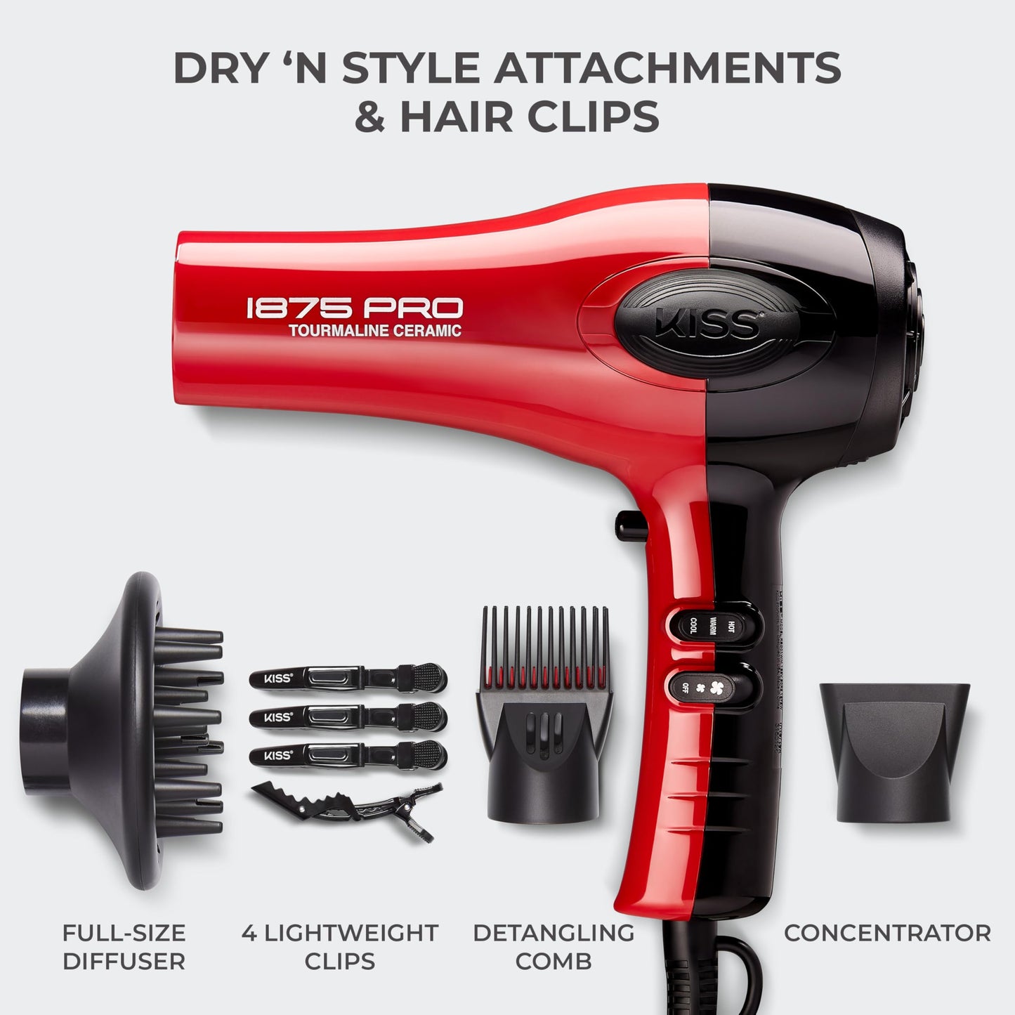 KISS 1875 Watt Pro Tourmaline Ceramic Hair Dryer, Styling Edition, 3 Heat Settings, 2 Speed Settings, Cool Shot Button, 7 Blow Dryer Accessories Beauty & Personal Care KISS