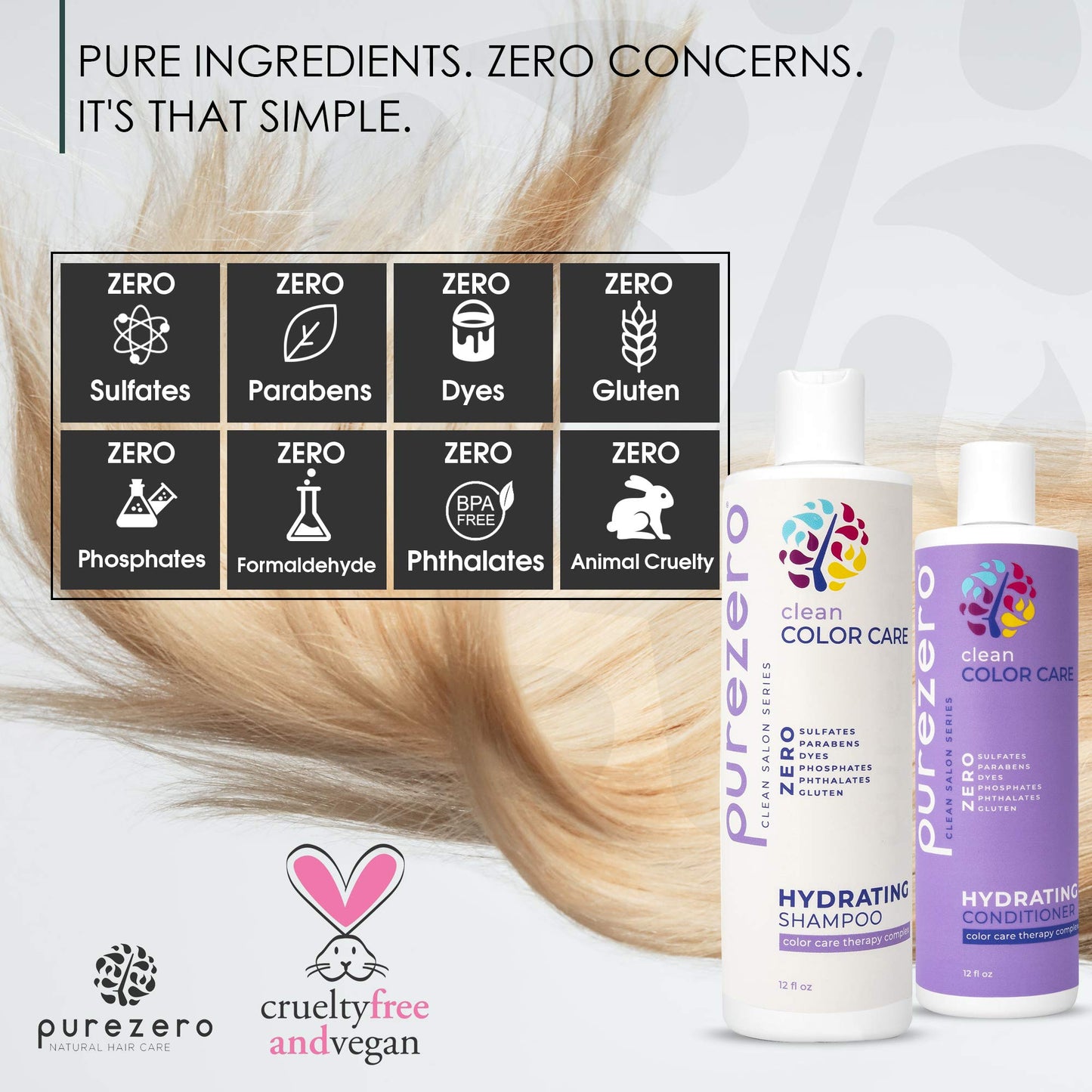 Purezero Clean Color Care Hydrating Shampoo & Conditioner Set - Toning, Balance for Color Treated Hair - Hydrate Dry Hair - Zero Sulfates, Parabens Beauty & Personal Care Purezero