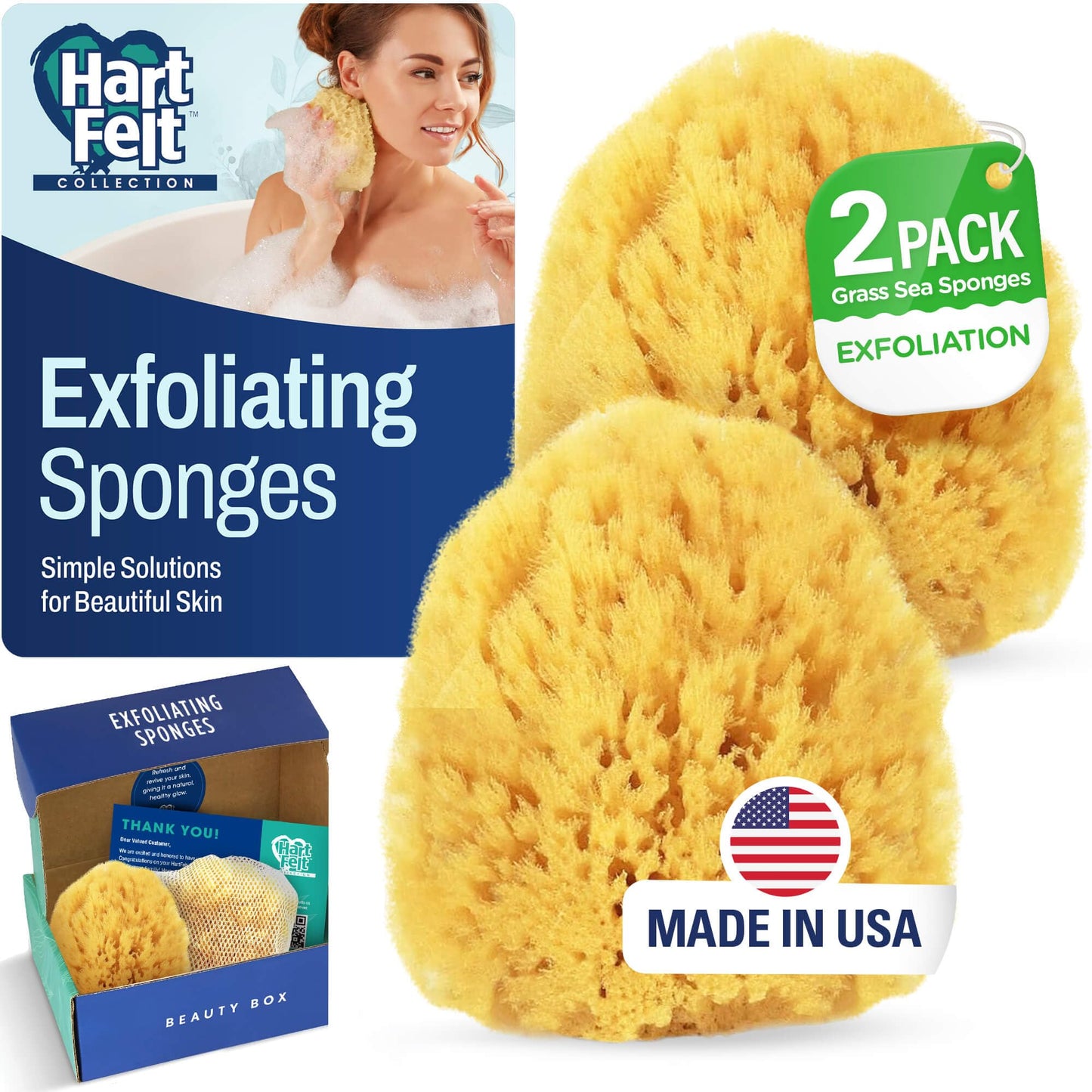 HartFelt Exfoliating Grass Sea Sponge Beauty Box - 2 Bath Sponges for Shower Women & Men 4in - Natural Sponge with Mesh Bag for Cleaning & Drying Beauty and Personal Care HartFelt